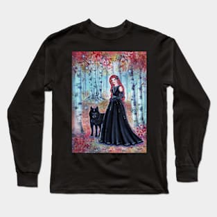 Autumn's Shadow goddess and wolf by Renee Lavoie Long Sleeve T-Shirt